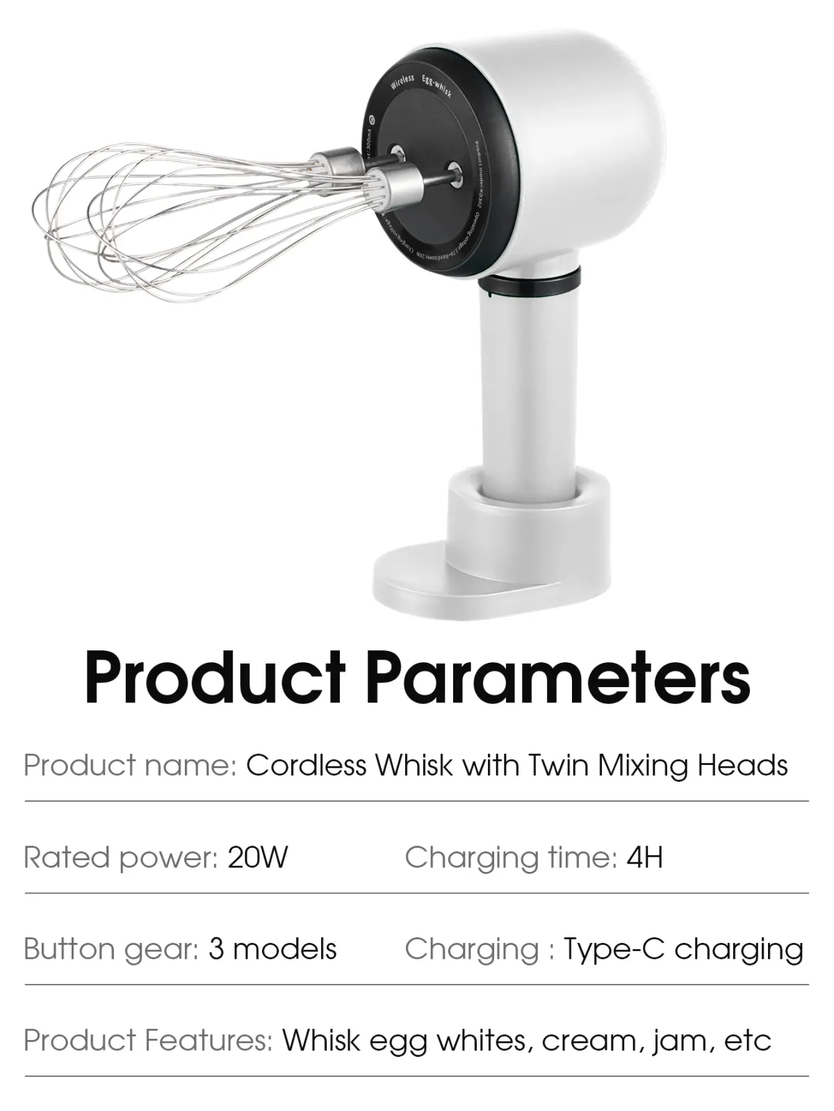 USB Rechargeable Electric Hand Blender - Portable Wireless Whisk with 3 Speeds, 1200mAh Battery, 2 Stainless Steel Whisk Attachments for Baking, Cream, Eggs showcase 9