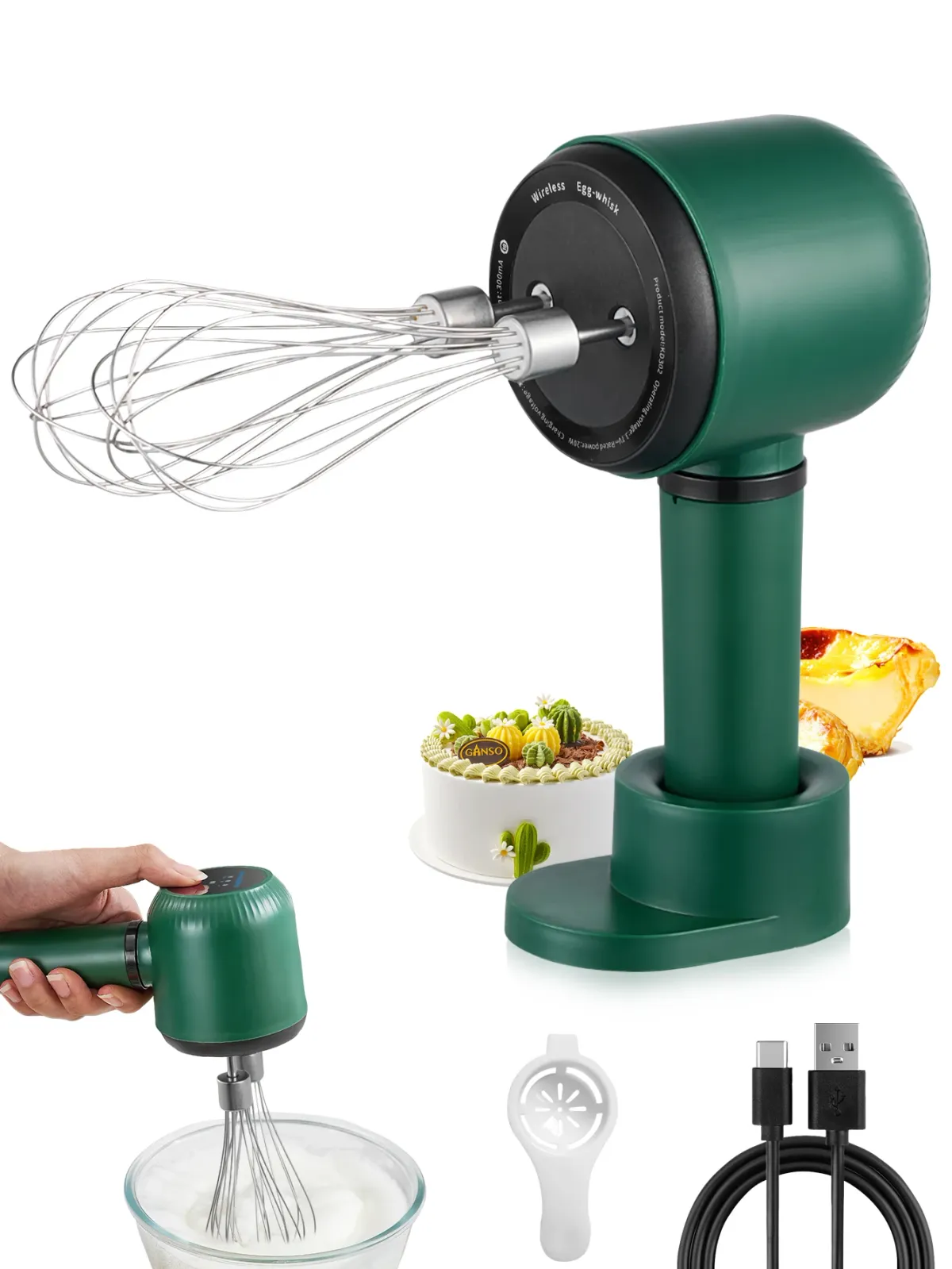 USB Rechargeable Electric Hand Blender - Portable Wireless Whisk with 3 Speeds, 1200mAh Battery, 2 Stainless Steel Whisk Attachments for Baking, Cream, Eggs showcase 2