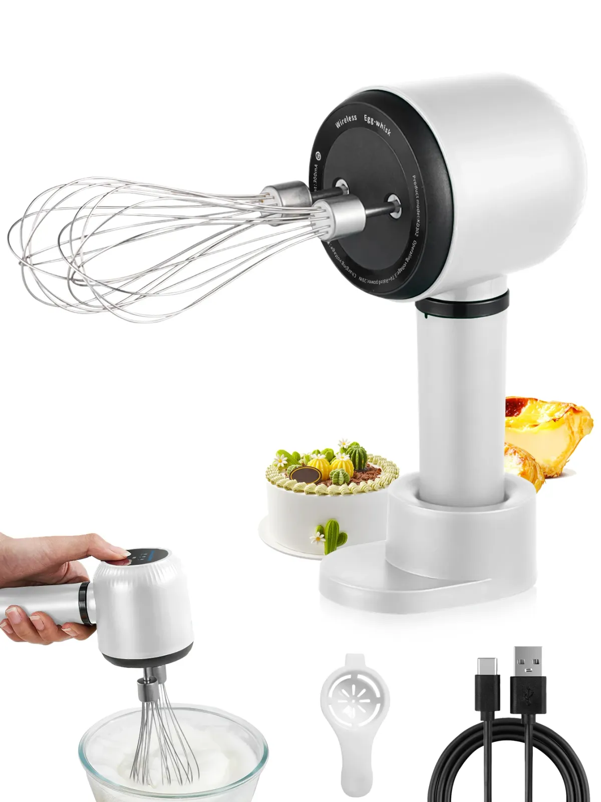 USB Rechargeable Electric Hand Blender - Portable Wireless Whisk with 3 Speeds, 1200mAh Battery, 2 Stainless Steel Whisk Attachments for Baking, Cream, Eggs showcase 1