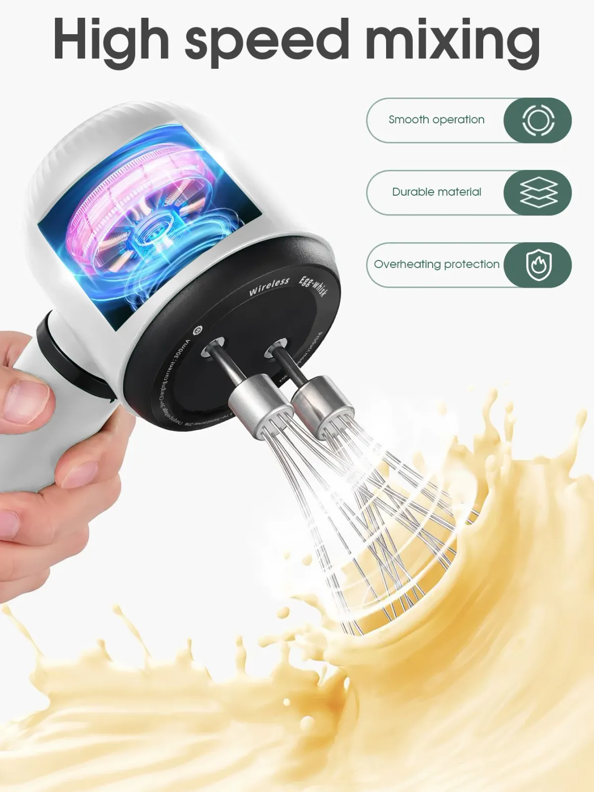 USB Rechargeable Electric Hand Blender - Portable Wireless Whisk with 3 Speeds, 1200mAh Battery, 2 Stainless Steel Whisk Attachments for Baking, Cream, Eggs showcase 6