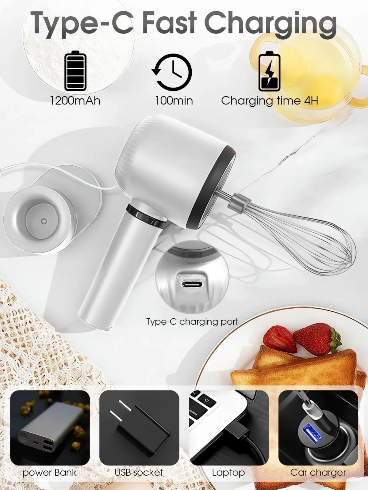 USB Rechargeable Electric Hand Blender - Portable Wireless Whisk with 3 Speeds, 1200mAh Battery, 2 Stainless Steel Whisk Attachments for Baking, Cream, Eggs showcase 7