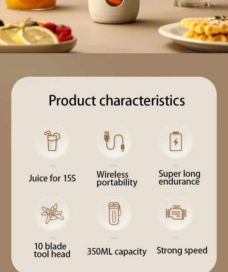 Portable Electric Blender 350ML Juicer Cup - USB Rechargeable Fruit Mixer for Smoothies & Juices, 4/10 Blades, Compact & Travel-Friendly showcase 3