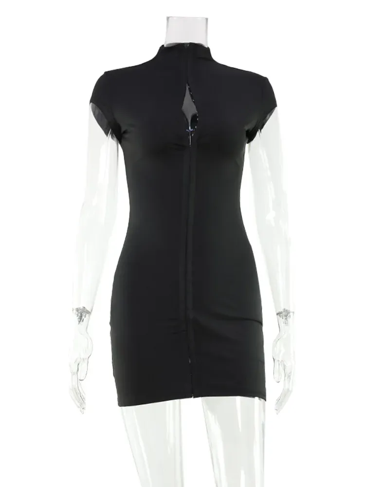 CNYISHE Women's Chic Solid Button High Collar Short Sleeve Sheath Dress - Trendy Sexy Club Hip Wrap Skinny Outfits - Image 6