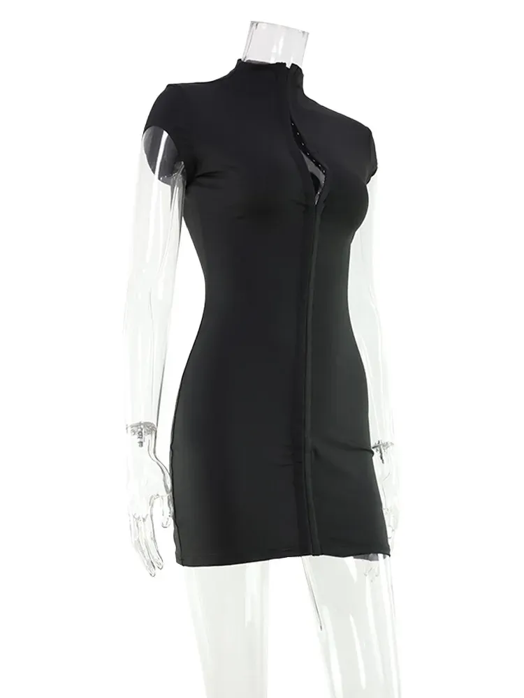 CNYISHE Women's Chic Solid Button High Collar Short Sleeve Sheath Dress - Trendy Sexy Club Hip Wrap Skinny Outfits showcase 29
