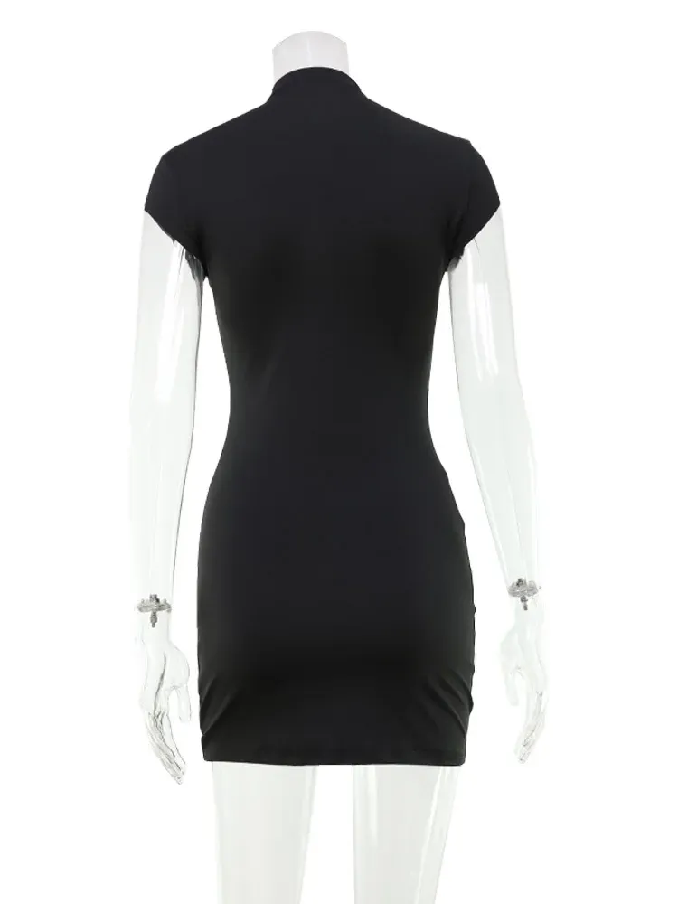 CNYISHE Women's Chic Solid Button High Collar Short Sleeve Sheath Dress - Trendy Sexy Club Hip Wrap Skinny Outfits showcase 30