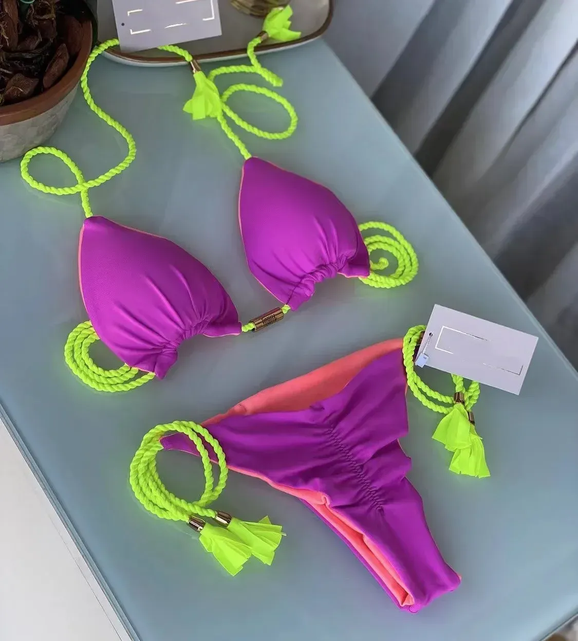Women's Multicolor Backless Rope Triangle Bikini Swimsuit - Quick Drying, High Elasticity, Durable Nylon Fabric with Chest Pad showcase 3