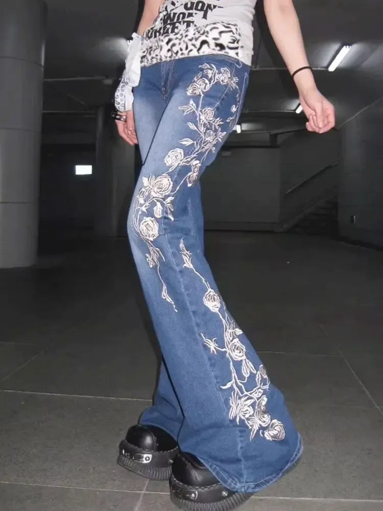 Women's Vintage High Street Rose Embroidered Flare Jeans - Slim Fit, Wide Leg Stretch Denim Pants for Fashionable Ladies thumbnail 3