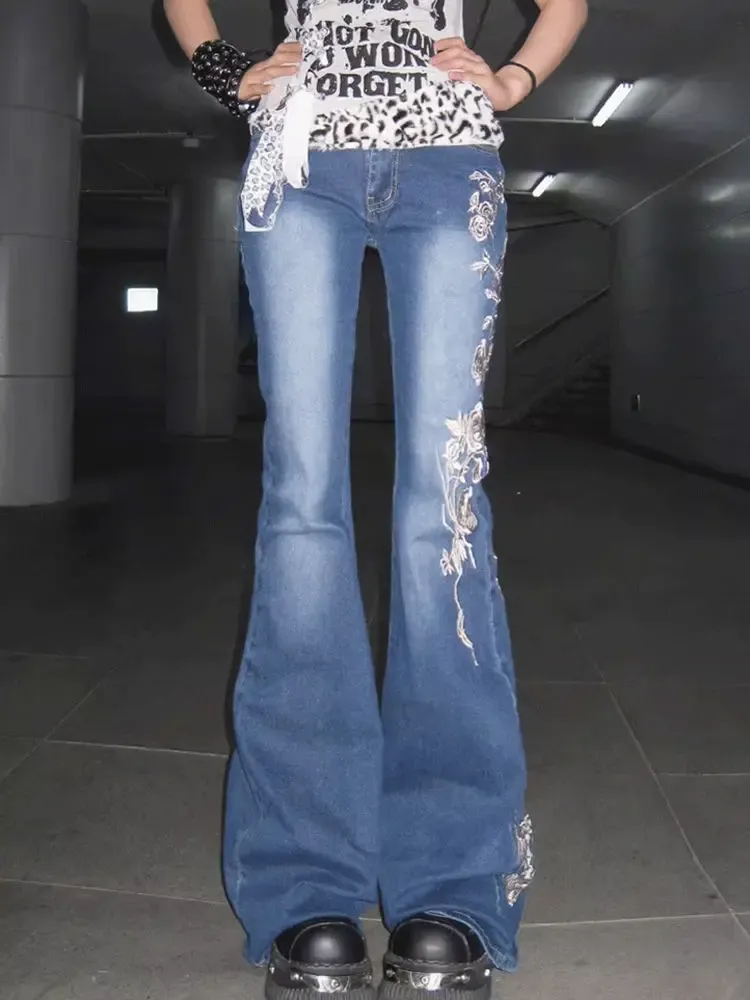 Women's Vintage High Street Rose Embroidered Flare Jeans - Slim Fit, Wide Leg Stretch Denim Pants for Fashionable Ladies showcase 4