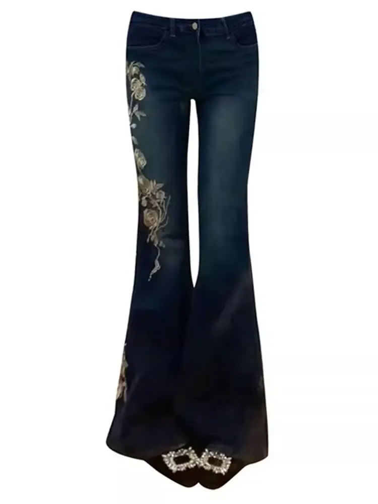 Women's Vintage High Street Rose Embroidered Flare Jeans - Slim Fit, Wide Leg Stretch Denim Pants for Fashionable Ladies showcase 7