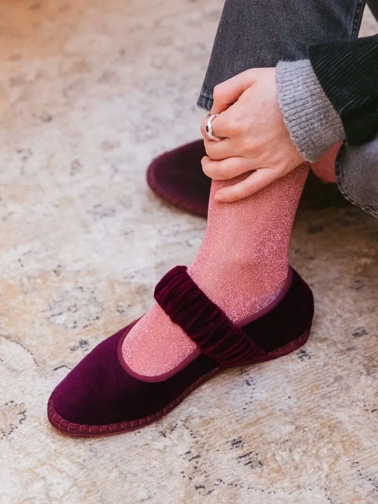 Elegant Velvet Mary Jane Ballet Flats for Women - Solid Color Fabric Canvas Loafers, 2024 Trend Elastic Band Design, Comfortable Ladies Shoes thumbnail 1