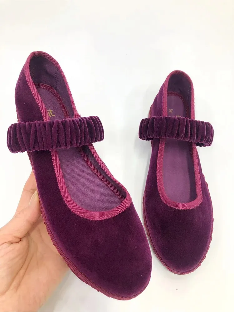 Elegant Velvet Mary Jane Ballet Flats for Women - Solid Color Fabric Canvas Loafers, 2024 Trend Elastic Band Design, Comfortable Ladies Shoes thumbnail 6