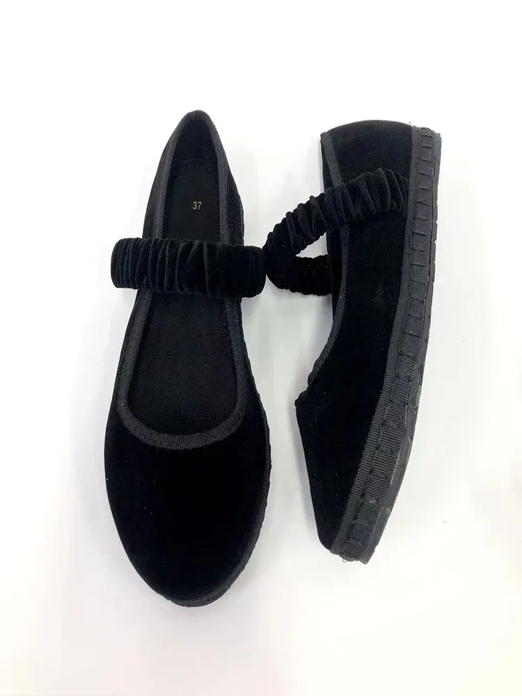 Elegant Velvet Mary Jane Ballet Flats for Women - Solid Color Fabric Canvas Loafers, 2024 Trend Elastic Band Design, Comfortable Ladies Shoes showcase 2