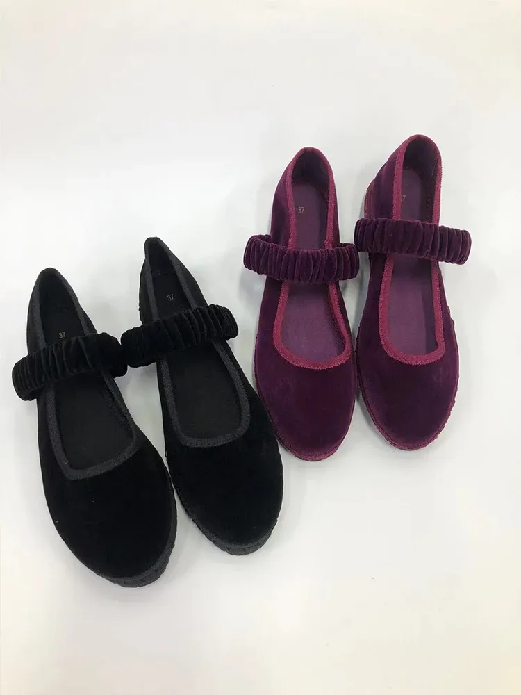 Elegant Velvet Mary Jane Ballet Flats for Women - Solid Color Fabric Canvas Loafers, 2024 Trend Elastic Band Design, Comfortable Ladies Shoes showcase 1
