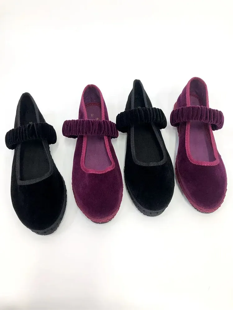 Elegant Velvet Mary Jane Ballet Flats for Women - Solid Color Fabric Canvas Loafers, 2024 Trend Elastic Band Design, Comfortable Ladies Shoes thumbnail 5