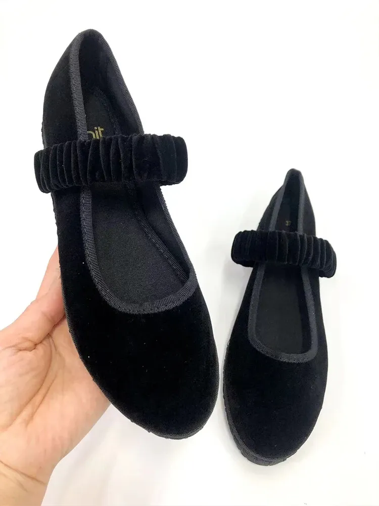 Elegant Velvet Mary Jane Ballet Flats for Women - Solid Color Fabric Canvas Loafers, 2024 Trend Elastic Band Design, Comfortable Ladies Shoes showcase 4