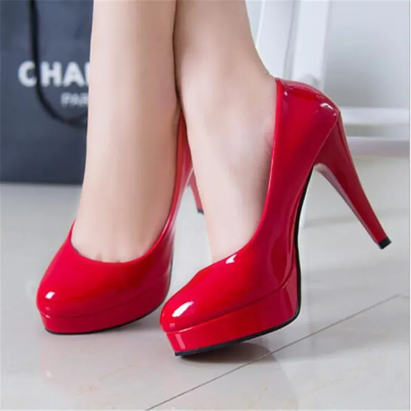 Women's Classic Patent Leather High Heels Pumps - Elegant Nude Head Platform Dress Shoes for Weddings & Special Occasions, Plus Size 34-42 showcase 4