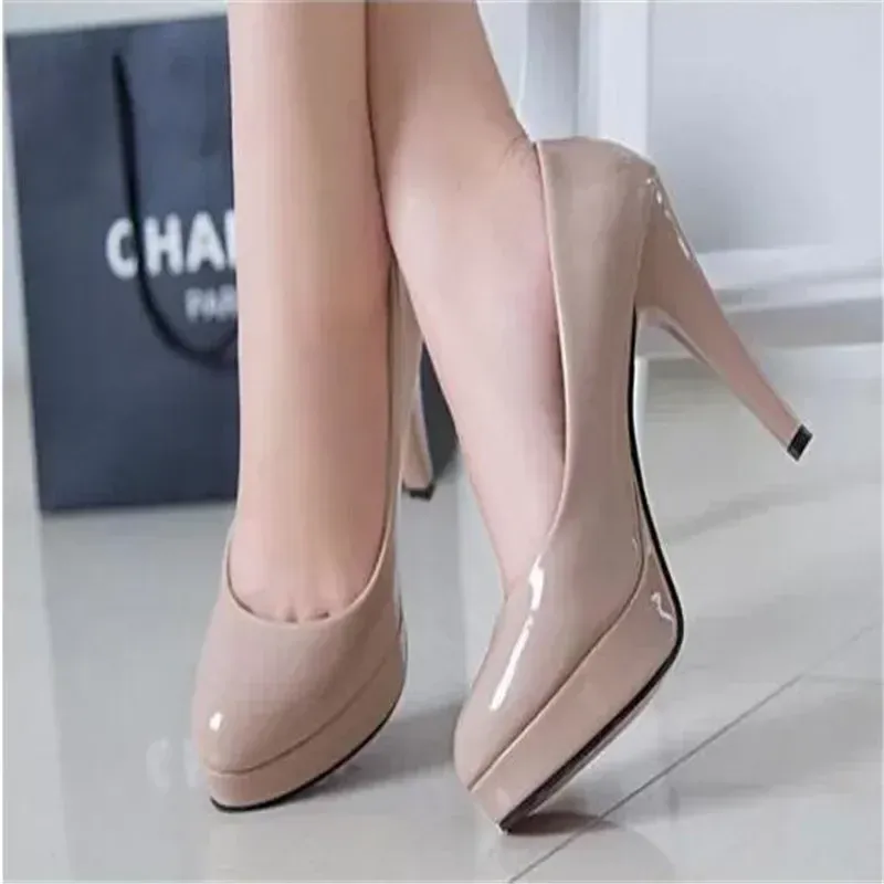 Women's Classic Patent Leather High Heels Pumps - Elegant Nude Head Platform Dress Shoes for Weddings & Special Occasions, Plus Size 34-42 thumbnail 5