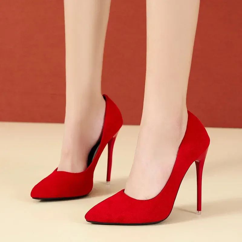 Women's Elegant Pointed Toe Flock High Heels Pumps - Classic Red & Gray Ladies Wedding & Office Shoes (Sizes 35-45) showcase 3