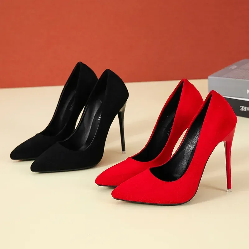 Women's Elegant Pointed Toe Flock High Heels Pumps - Classic Red & Gray Ladies Wedding & Office Shoes (Sizes 35-45) showcase 2