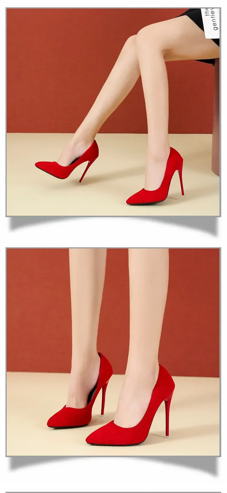 Women's Elegant Pointed Toe Flock High Heels Pumps - Classic Red & Gray Ladies Wedding & Office Shoes (Sizes 35-45) showcase 9