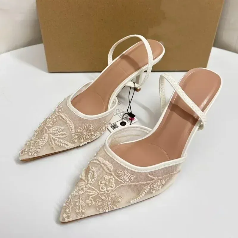 Elegant White Mesh Embroidered Flower Slingback Pumps for Women - Sexy Back Strap High Heel Dress Shoes for Ladies thumbnail 1