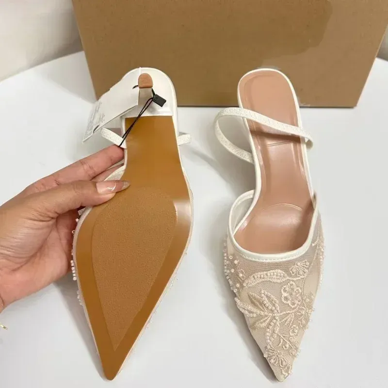 Elegant White Mesh Embroidered Flower Slingback Pumps for Women - Sexy Back Strap High Heel Dress Shoes for Ladies thumbnail 5