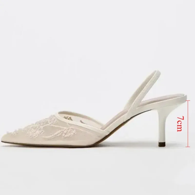 Elegant White Mesh Embroidered Flower Slingback Pumps for Women - Sexy Back Strap High Heel Dress Shoes for Ladies thumbnail 6
