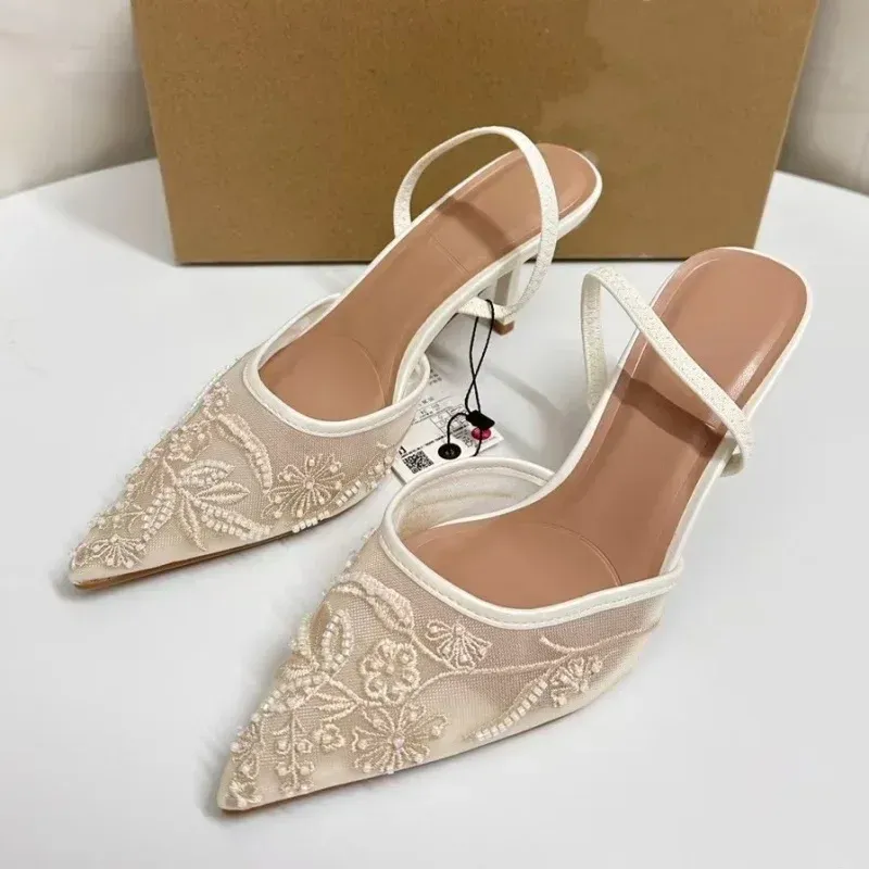 Elegant White Mesh Embroidered Flower Slingback Pumps for Women - Sexy Back Strap High Heel Dress Shoes for Ladies showcase 2
