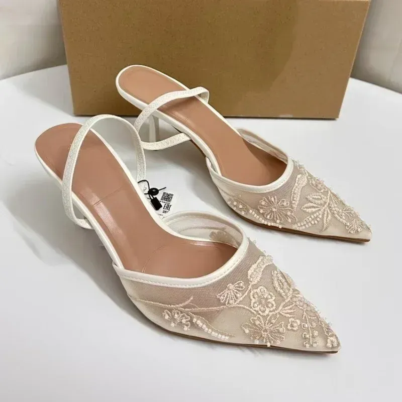 Elegant White Mesh Embroidered Flower Slingback Pumps for Women - Sexy Back Strap High Heel Dress Shoes for Ladies thumbnail 3
