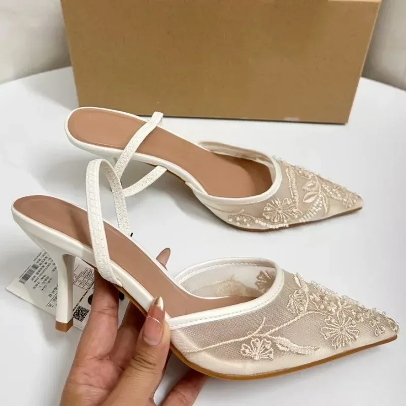 Elegant White Mesh Embroidered Flower Slingback Pumps for Women - Sexy Back Strap High Heel Dress Shoes for Ladies showcase 5