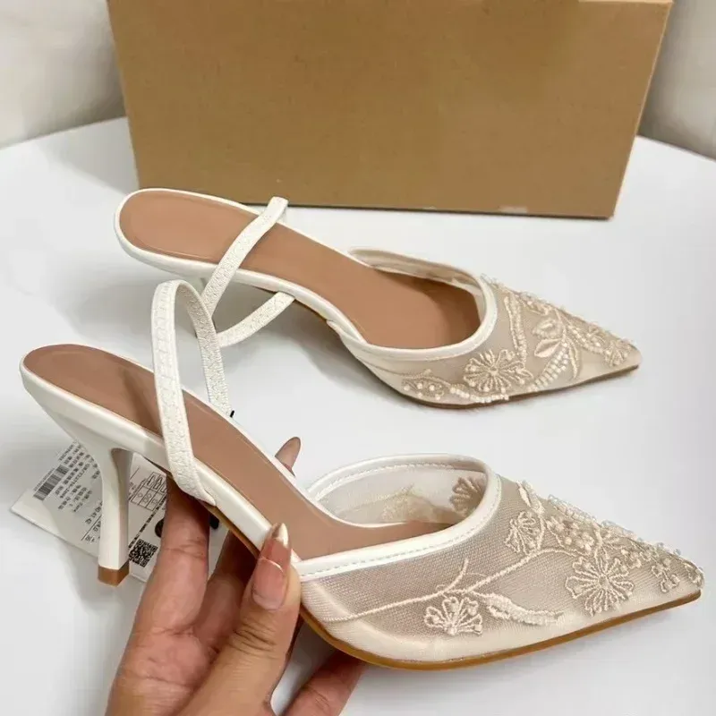 Elegant White Mesh Embroidered Flower Slingback Pumps for Women - Sexy Back Strap High Heel Dress Shoes for Ladies thumbnail 4