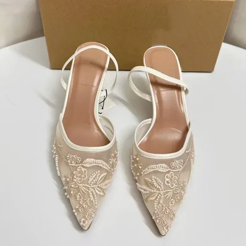 Elegant White Mesh Embroidered Flower Slingback Pumps for Women - Sexy Back Strap High Heel Dress Shoes for Ladies showcase 3