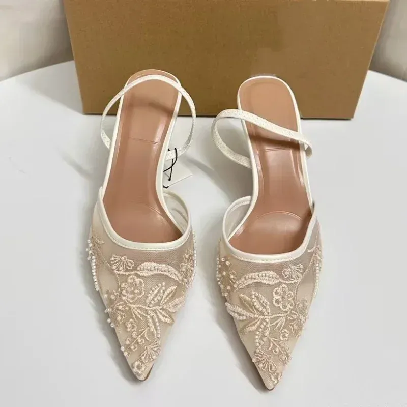 Elegant White Mesh Embroidered Flower Slingback Pumps for Women - Sexy Back Strap High Heel Dress Shoes for Ladies thumbnail 2