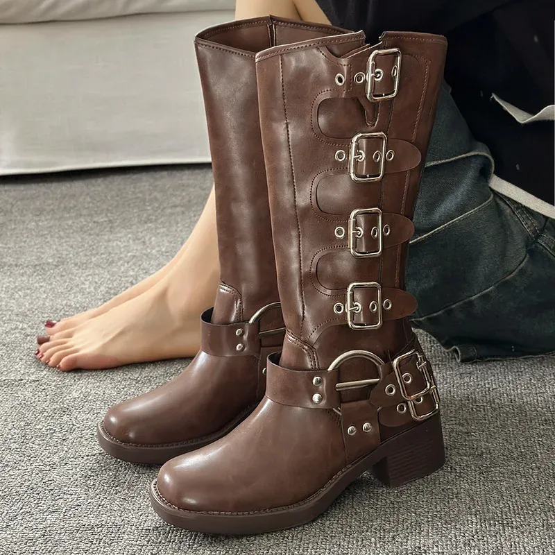 Women's Black PU Leather Punk Square Toe Knee High Boots with Metal Buckle, Chunky Heel Motorcycle Booties for Autumn 2025 thumbnail 1