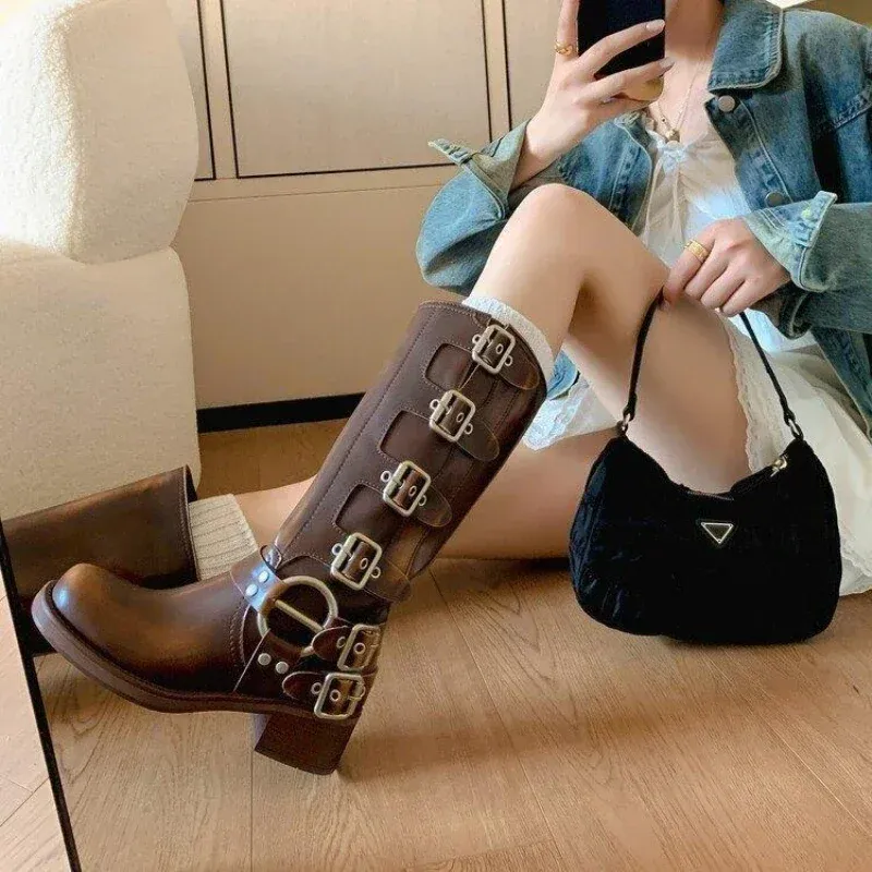 Women's Black PU Leather Punk Square Toe Knee High Boots with Metal Buckle, Chunky Heel Motorcycle Booties for Autumn 2025 thumbnail 3