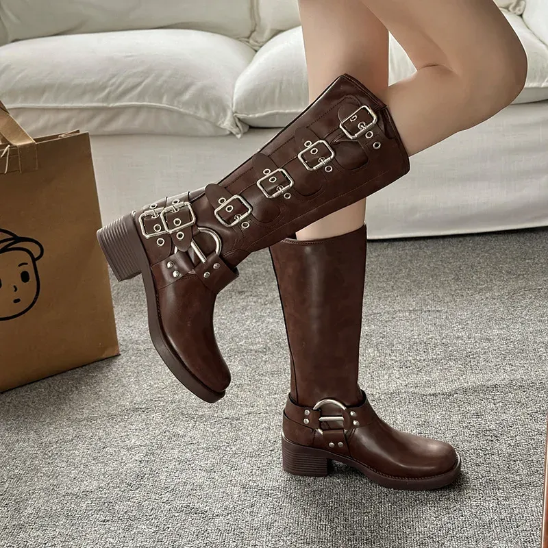 Women's Black PU Leather Punk Square Toe Knee High Boots with Metal Buckle, Chunky Heel Motorcycle Booties for Autumn 2025 thumbnail 4