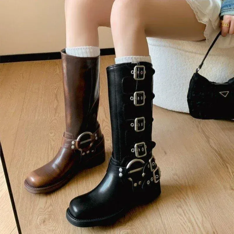 Women's Black PU Leather Punk Square Toe Knee High Boots with Metal Buckle, Chunky Heel Motorcycle Booties for Autumn 2025 thumbnail 6