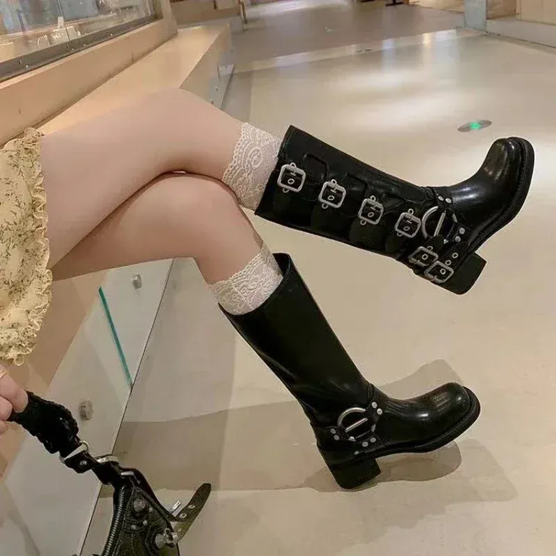 Women's Black PU Leather Punk Square Toe Knee High Boots with Metal Buckle, Chunky Heel Motorcycle Booties for Autumn 2025 thumbnail 5