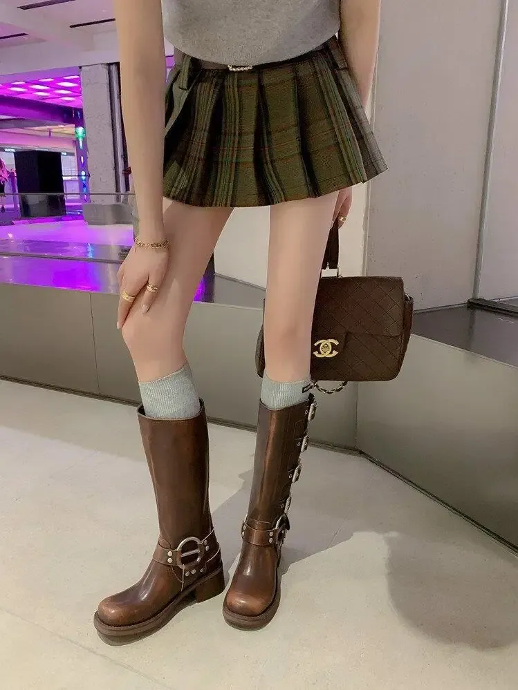 Women's Black PU Leather Punk Square Toe Knee High Boots with Metal Buckle, Chunky Heel Motorcycle Booties for Autumn 2025 showcase 9