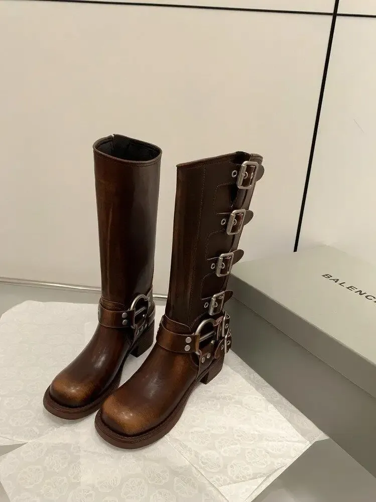 Women's Black PU Leather Punk Square Toe Knee High Boots with Metal Buckle, Chunky Heel Motorcycle Booties for Autumn 2025 showcase 2
