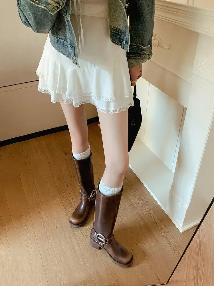 Women's Black PU Leather Punk Square Toe Knee High Boots with Metal Buckle, Chunky Heel Motorcycle Booties for Autumn 2025 showcase 6