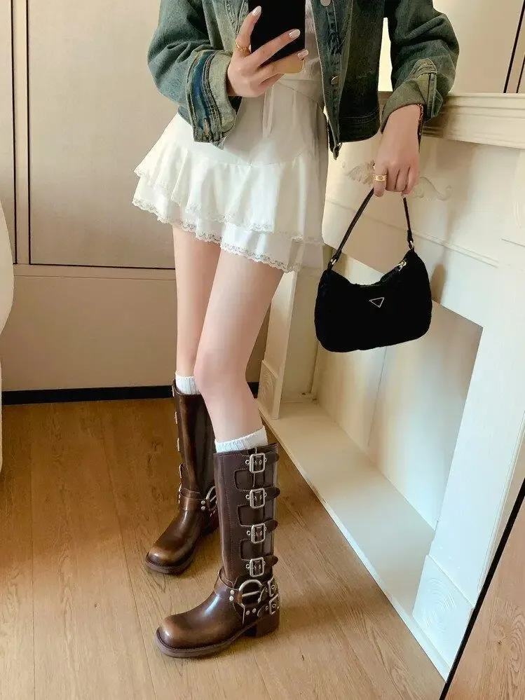 Women's Black PU Leather Punk Square Toe Knee High Boots with Metal Buckle, Chunky Heel Motorcycle Booties for Autumn 2025 showcase 5