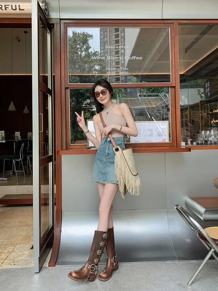 Women's Black PU Leather Punk Square Toe Knee High Boots with Metal Buckle, Chunky Heel Motorcycle Booties for Autumn 2025 showcase 15
