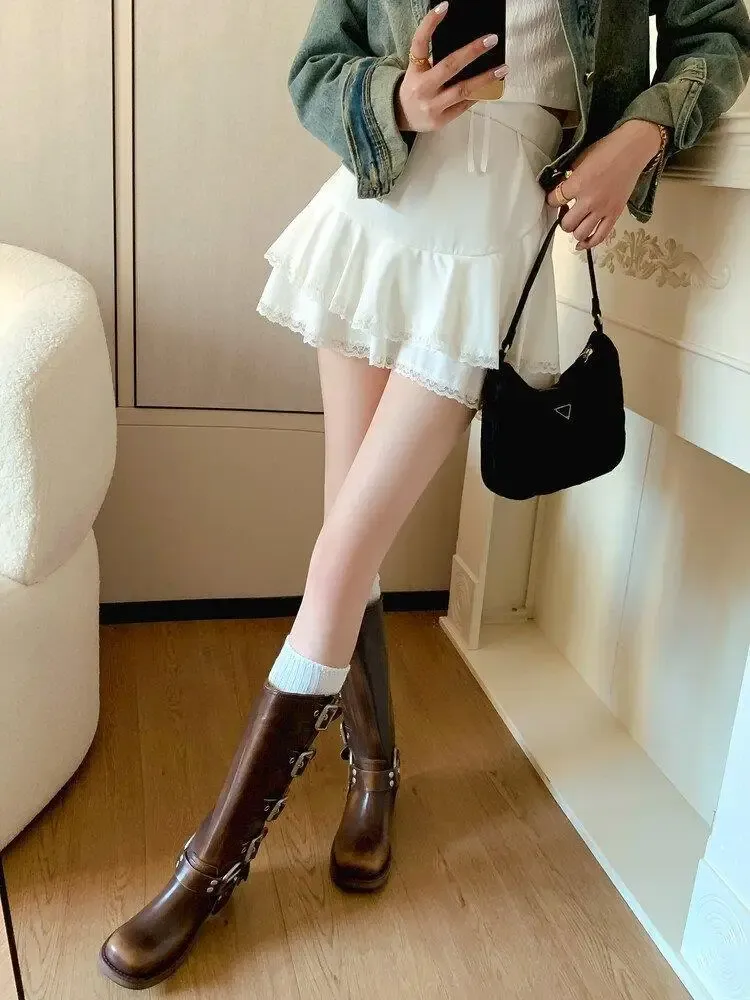 Women's Black PU Leather Punk Square Toe Knee High Boots with Metal Buckle, Chunky Heel Motorcycle Booties for Autumn 2025 showcase 7