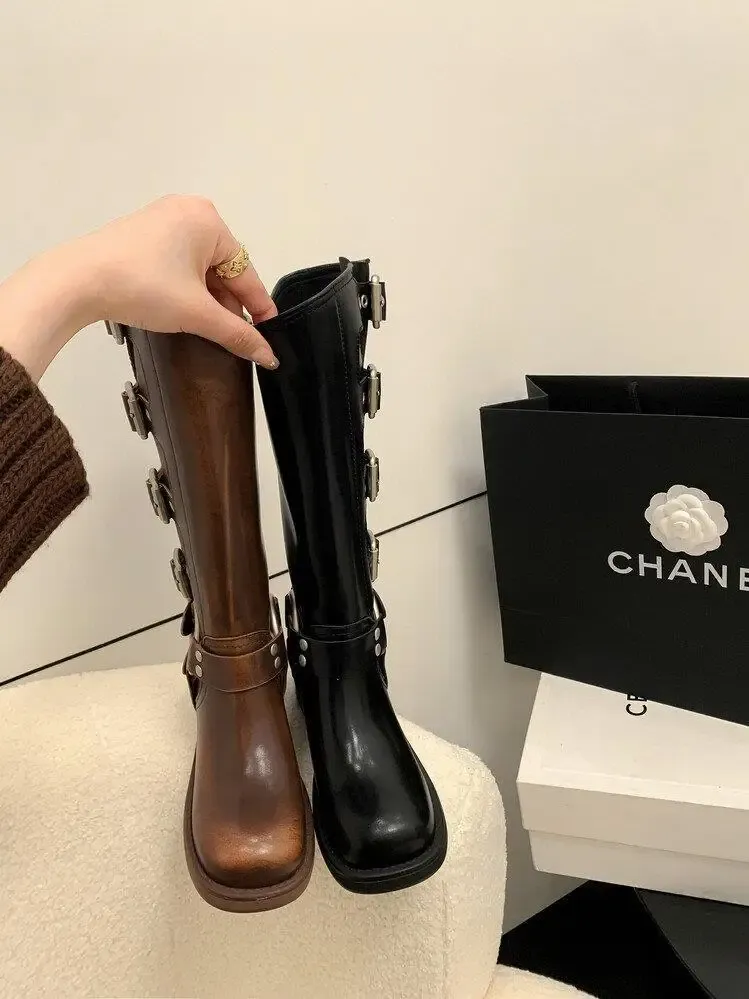 Women's Black PU Leather Punk Square Toe Knee High Boots with Metal Buckle, Chunky Heel Motorcycle Booties for Autumn 2025 showcase 3
