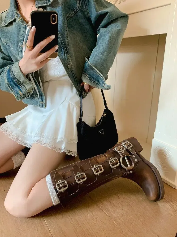 Women's Black PU Leather Punk Square Toe Knee High Boots with Metal Buckle, Chunky Heel Motorcycle Booties for Autumn 2025 showcase 8
