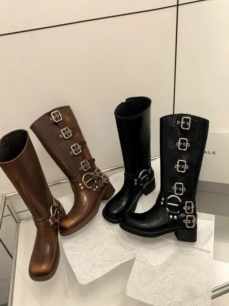 Women's Black PU Leather Punk Square Toe Knee High Boots with Metal Buckle, Chunky Heel Motorcycle Booties for Autumn 2025 showcase 4