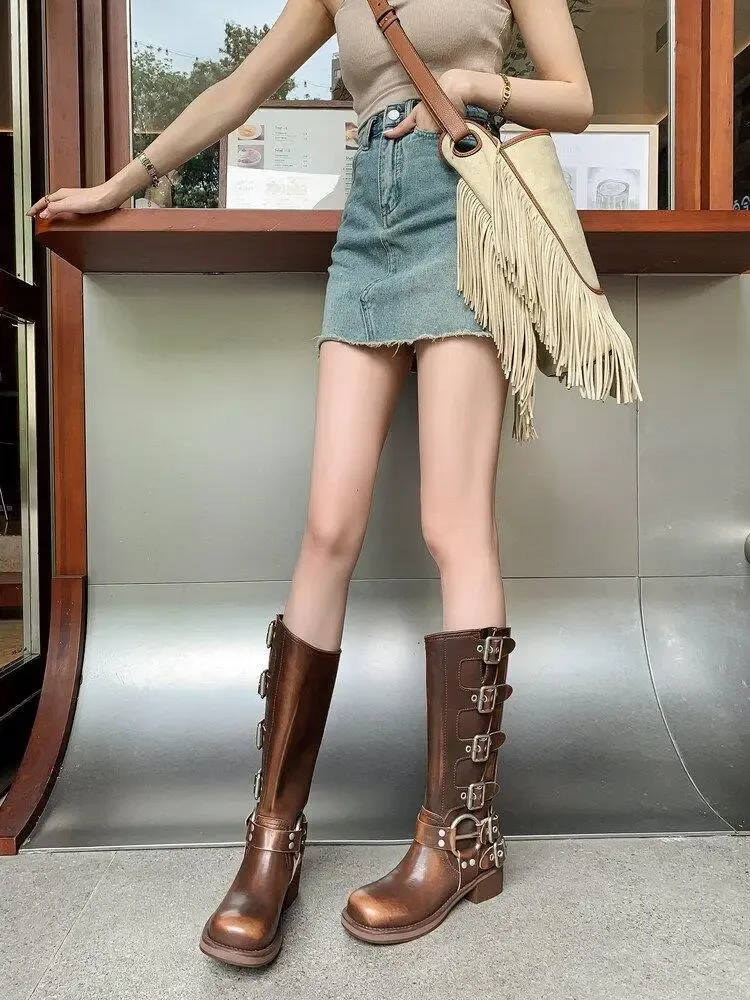 Women's Black PU Leather Punk Square Toe Knee High Boots with Metal Buckle, Chunky Heel Motorcycle Booties for Autumn 2025 showcase 13