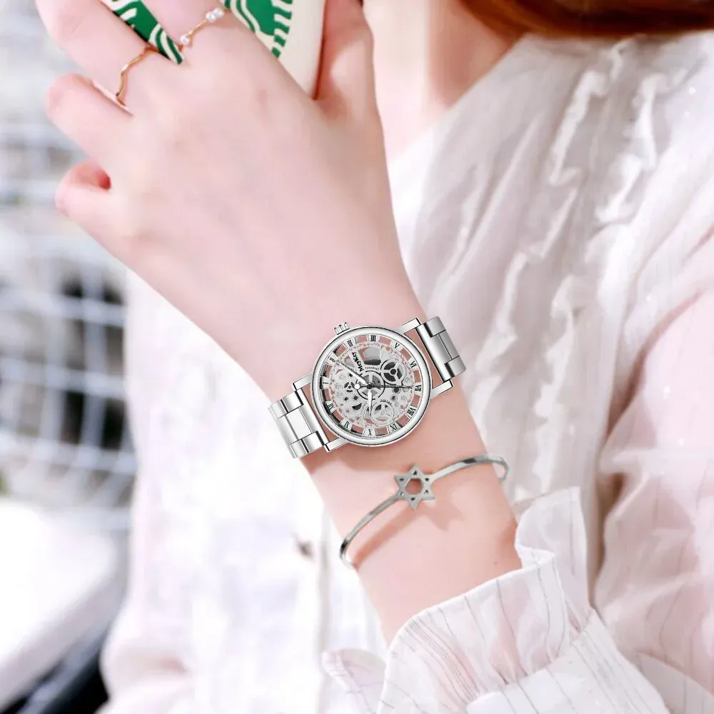 Fashionable Women's Skeleton Faux Mechanical Quartz Watch with Metal Mesh Strap - Elegant Rosy Gold Design for Casual & Sporty Looks showcase 14