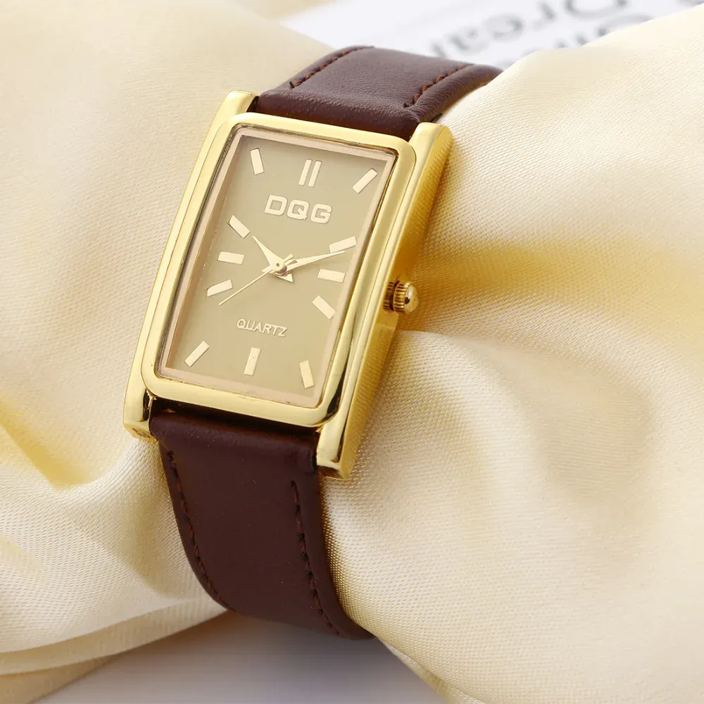 DQG Luxury Women's Rectangle Quartz Watch - Gold Dial Leather Strap Dress Watch for Business & Casual Wear - Image 2